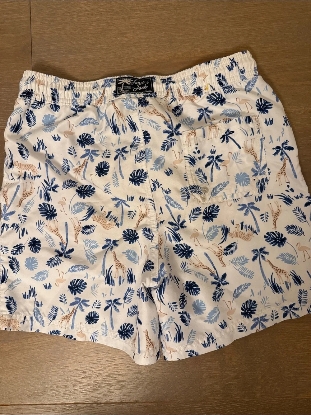 Janie and Jack White Swim Trunks with Blue and Tan Safari Print